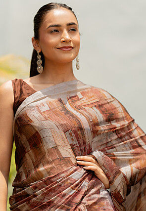 Digital Printed Chiffon Saree in Brown