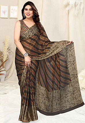 Digital Printed Chiffon Saree in Brown