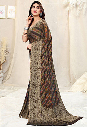 Digital Printed Chiffon Saree in Brown