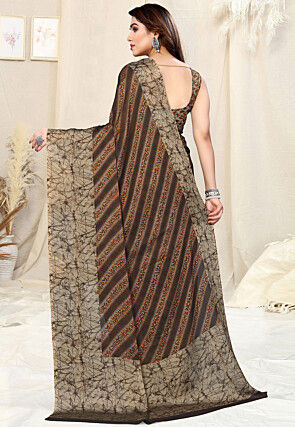 Digital Printed Chiffon Saree in Brown