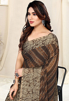 Digital Printed Chiffon Saree in Brown