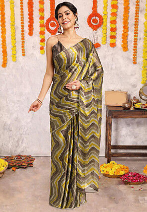 Digital Printed Chiffon Saree in Brown