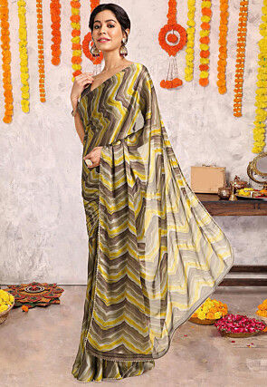 Digital Printed Chiffon Saree in Brown