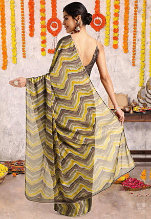 Digital Printed Chiffon Saree in Brown