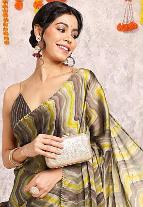 Digital Printed Chiffon Saree in Brown