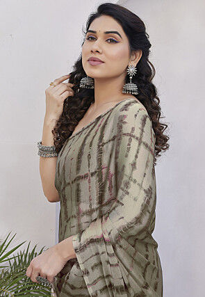 Digital Printed Chiffon Saree in Brown