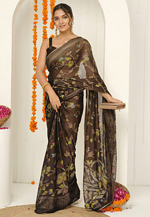 Digital Printed Chiffon Saree in Brown
