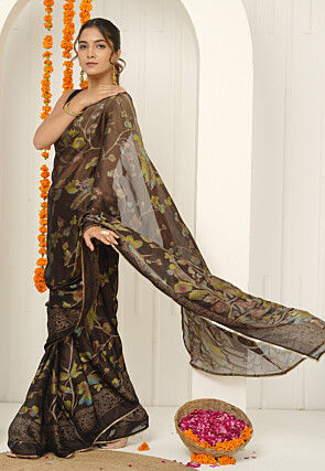 Digital Printed Chiffon Saree in Brown
