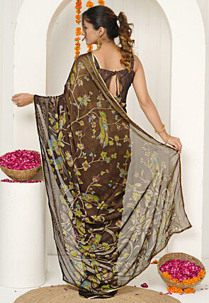 Digital Printed Chiffon Saree in Brown