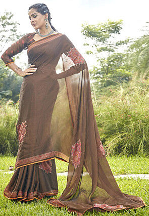 Digital Printed Chiffon Saree in Brown and Multicolor : SSF21798