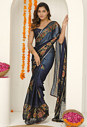 Digital Printed Chiffon Saree in Dark Blue