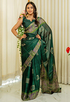 Digital Printed Chiffon Saree in Dark Green