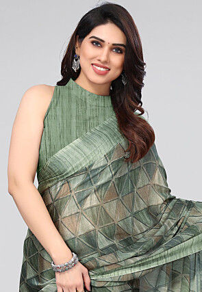 Digital Printed Chiffon Saree in Dusty Green
