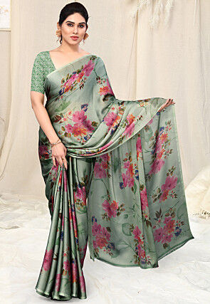 Digital Printed Chiffon Saree in Dusty Green