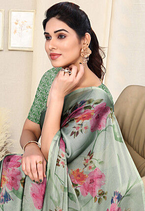Digital Printed Chiffon Saree in Dusty Green