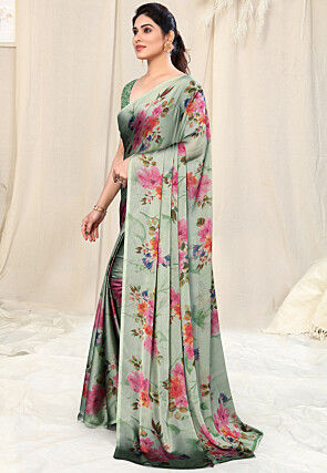 Digital Printed Chiffon Saree in Dusty Green