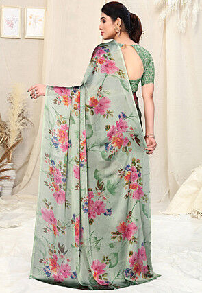 Digital Printed Chiffon Saree in Dusty Green