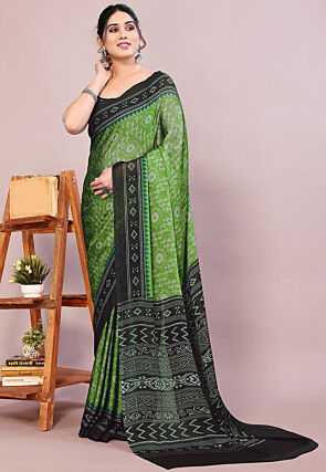 Digital Printed Chiffon Saree in Green