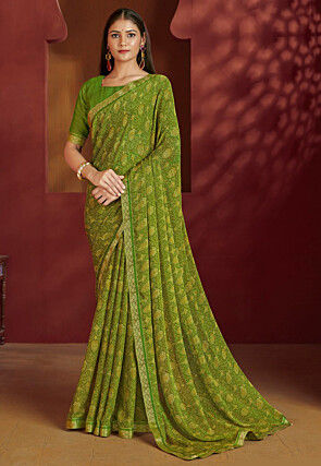 Digital Printed Chiffon Saree in Green