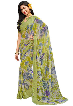 Digital Printed Chiffon Saree in Green