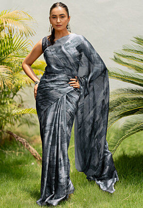 Digital Printed Chiffon Saree in Grey