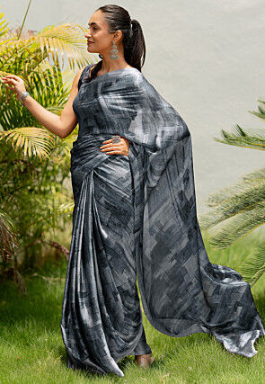 Digital Printed Chiffon Saree in Grey