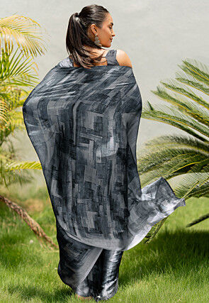 Digital Printed Chiffon Saree in Grey