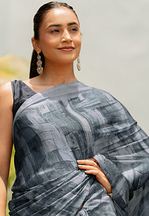 Digital Printed Chiffon Saree in Grey