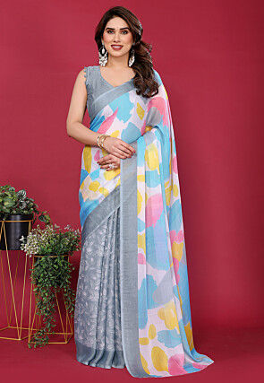 Half N Half Chiffon Saree in Grey and Blue