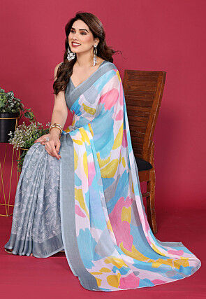 Half N Half Chiffon Saree in Grey and Blue