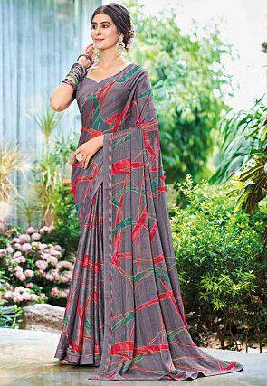 Digital Printed Chiffon Saree in Grey