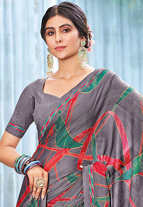 Digital Printed Chiffon Saree in Grey