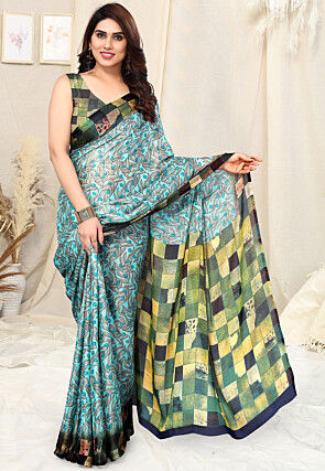 Digital Printed Chiffon Saree in Light Blue
