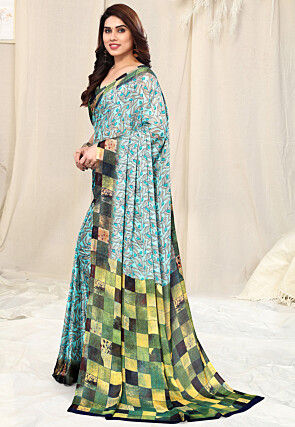 Digital Printed Chiffon Saree in Light Blue
