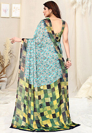 Digital Printed Chiffon Saree in Light Blue