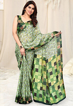 Digital Printed Chiffon Saree in Light Green