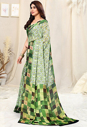 Digital Printed Chiffon Saree in Light Green