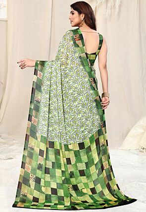 Digital Printed Chiffon Saree in Light Green