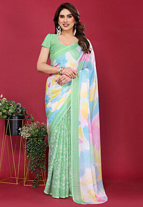 Half N Half Chiffon Saree in Light Green and Multicolor