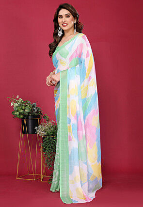 Half N Half Chiffon Saree in Light Green and Multicolor