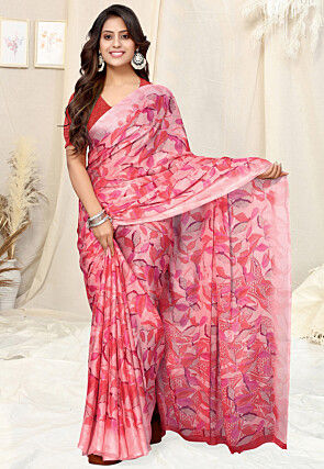 Digital Printed Chiffon Saree in Light Pink