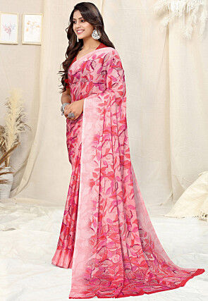 Digital Printed Chiffon Saree in Light Pink