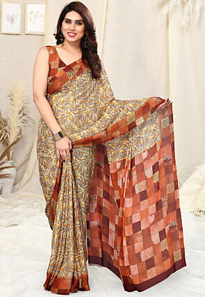 Digital Printed Chiffon Saree in Light Yellow
