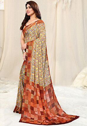 Digital Printed Chiffon Saree in Light Yellow