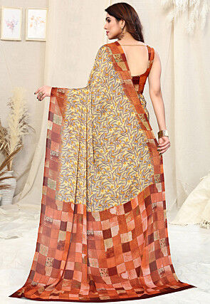 Digital Printed Chiffon Saree in Light Yellow