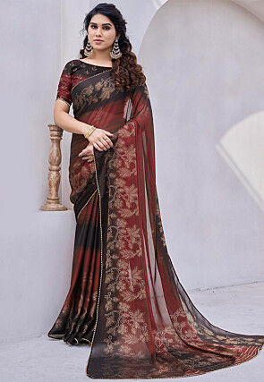 Digital Printed Chiffon Saree in Maroon and Black