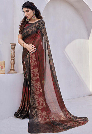 Digital Printed Chiffon Saree in Maroon and Black