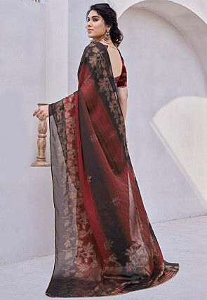 Digital Printed Chiffon Saree in Maroon and Black