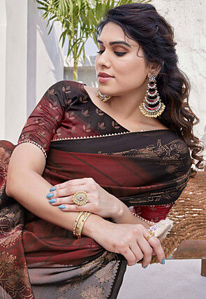 Digital Printed Chiffon Saree in Maroon and Black