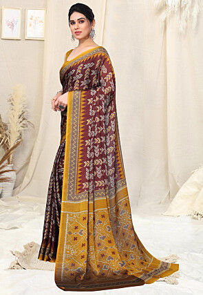 Digital Printed Chiffon Saree in Maroon